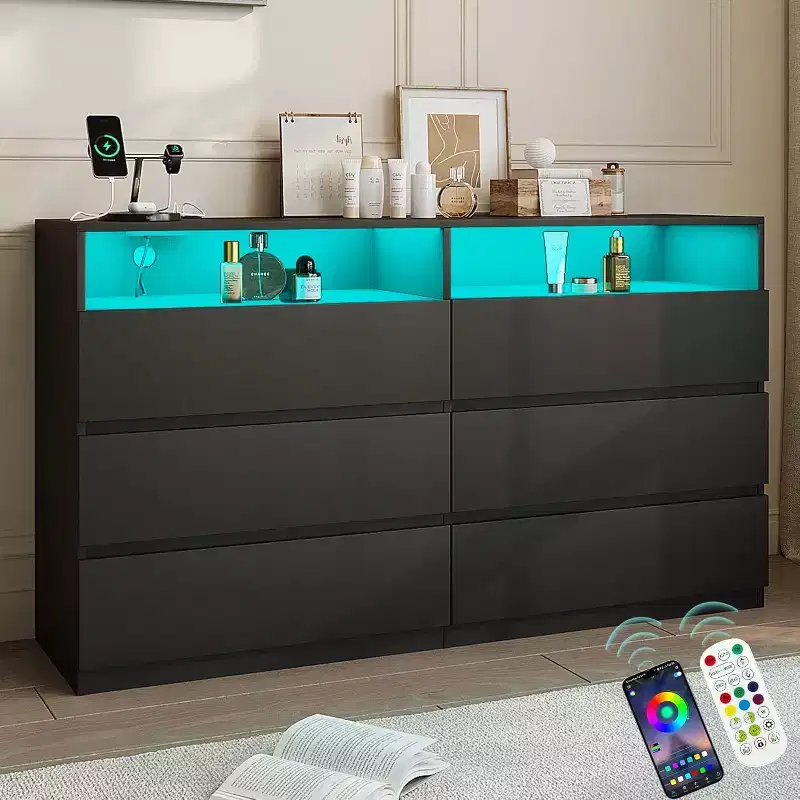 Dyonery Modern 6 Drawers with Sliding Desktop, with Charging Station & LED Lights, Large Storage Tower Clothes Organizer, for Bedroom, White