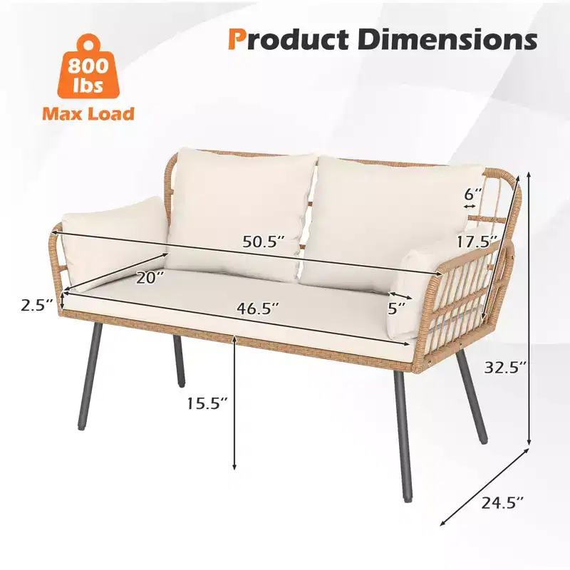Costway Patio Wicker Loveseat Furniture with Seat Back Cushions, Heavy-Duty Metal Legs Off-White/Black