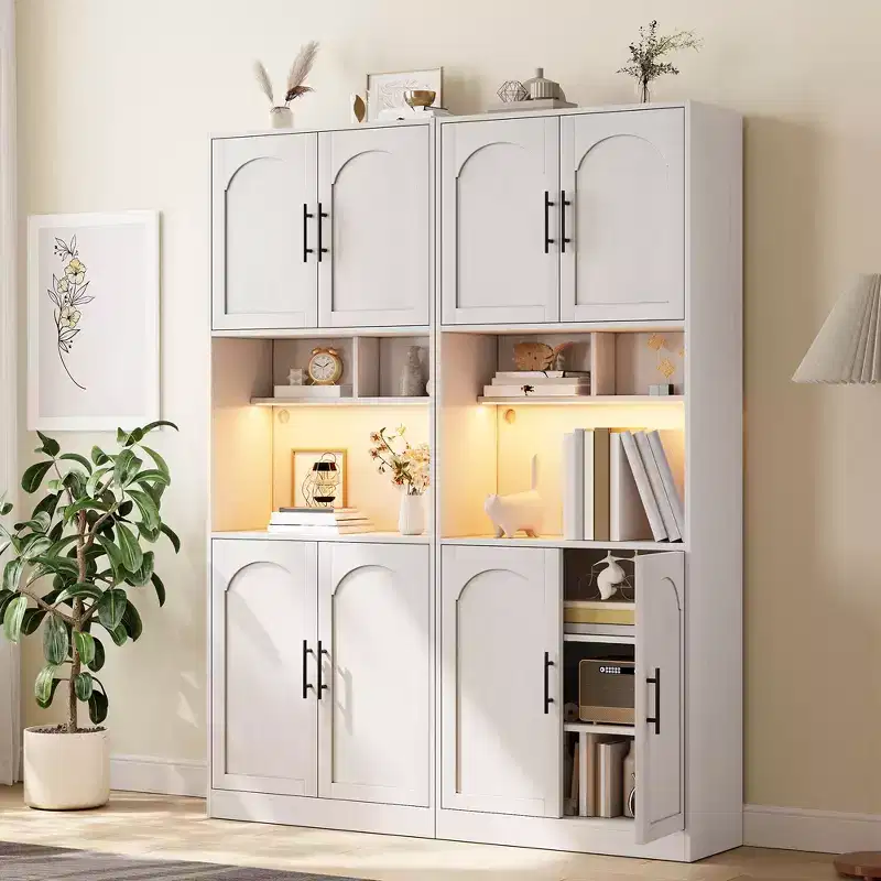 Tall Kitchen Hutch Bar Cabinet with Microwave Stand & LED Light – Pantry Cupboard for Dining Room