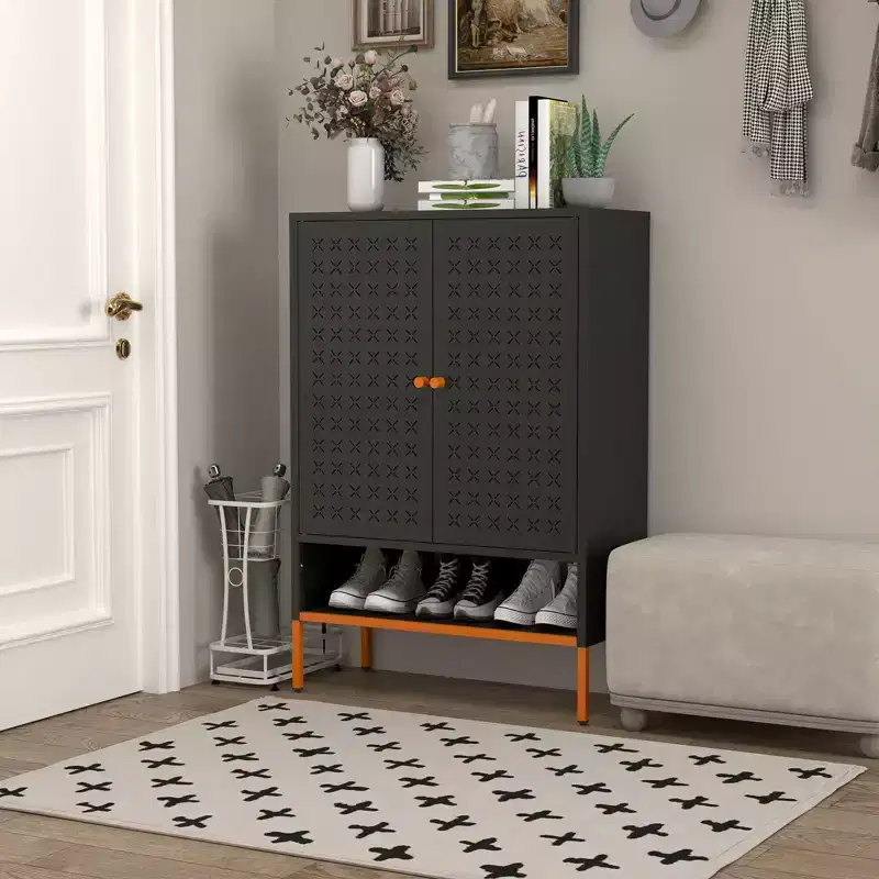 Entryway Shoe Cabinet with Hollow Bench Seat & 10 Shelves, 4-Door Metal Shoe Organizer, 46