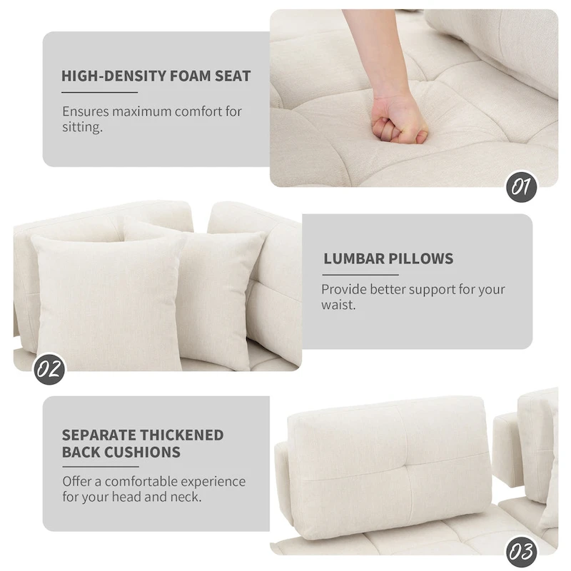 91.73 L-Shaped 4-Seat Sectional Sofa with 2 Hidden Stools, 2 Removable Lumbar Cushions, and Durable Chenille Fabric