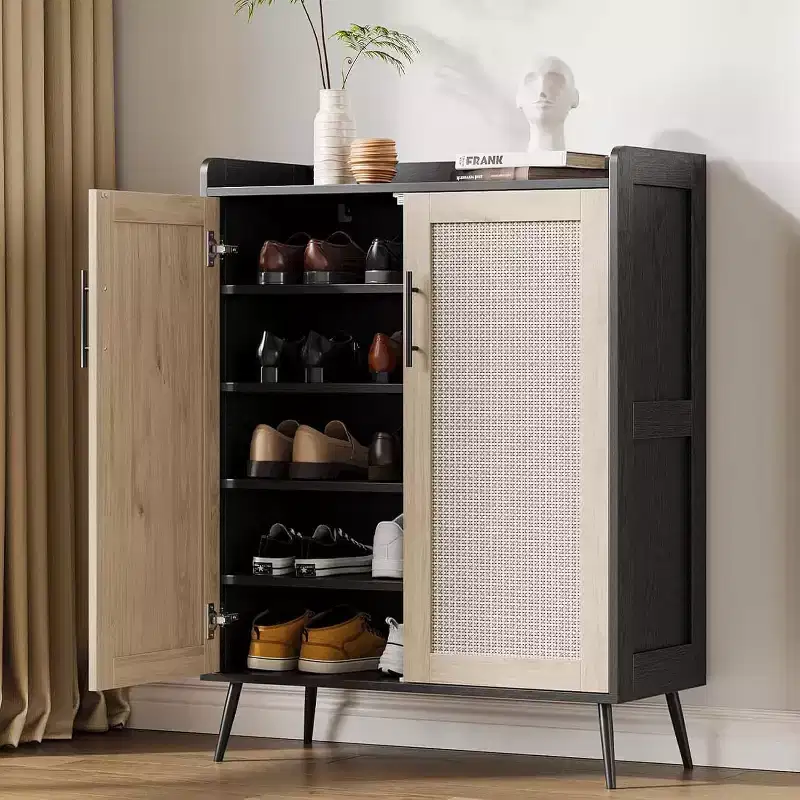 6-Tier Rattan Shoe Cabinet - Adjustable Shelf Organizer with Doors for Entryway, Hallway & Closet, Natural Weave