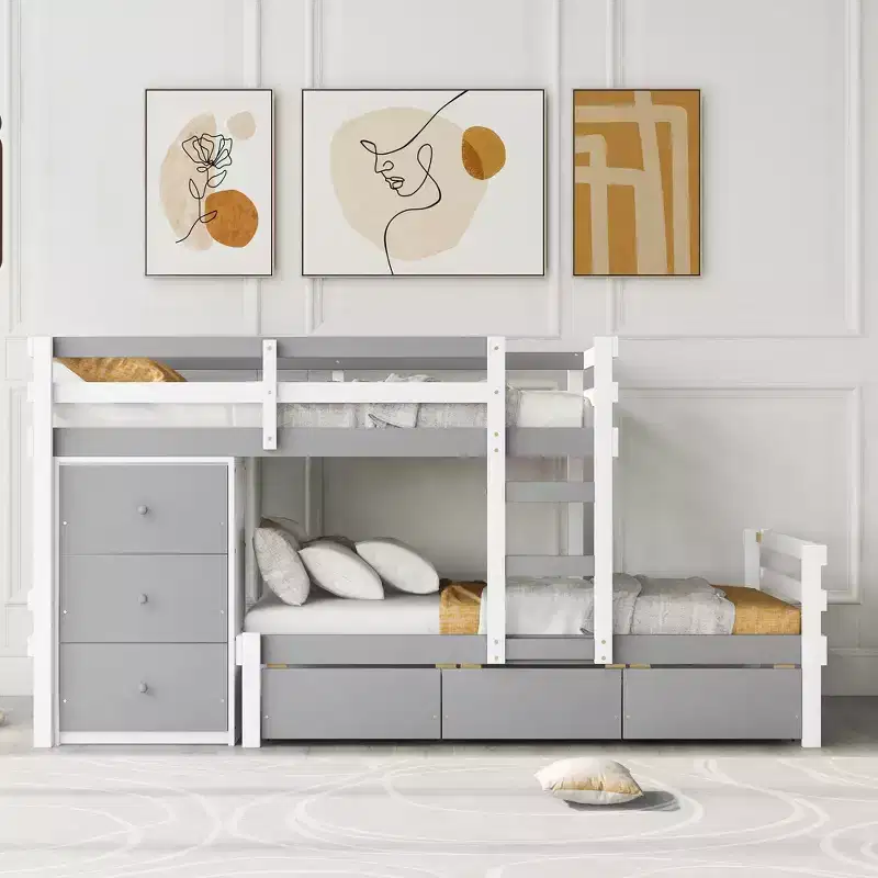 Twin over Twin Wooden Bunk Bed Frame with Drawers and Ladder -ModernLuxe