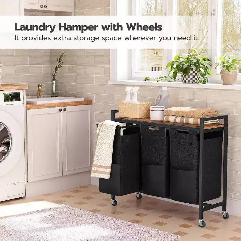 Laundry Sorter 3 Section, Laundry Hamper with Wheels, 3 x 43.5 L, Rolling Laundry Basket, Pull-Out and Removable Oxford Fabric Laundry Bags