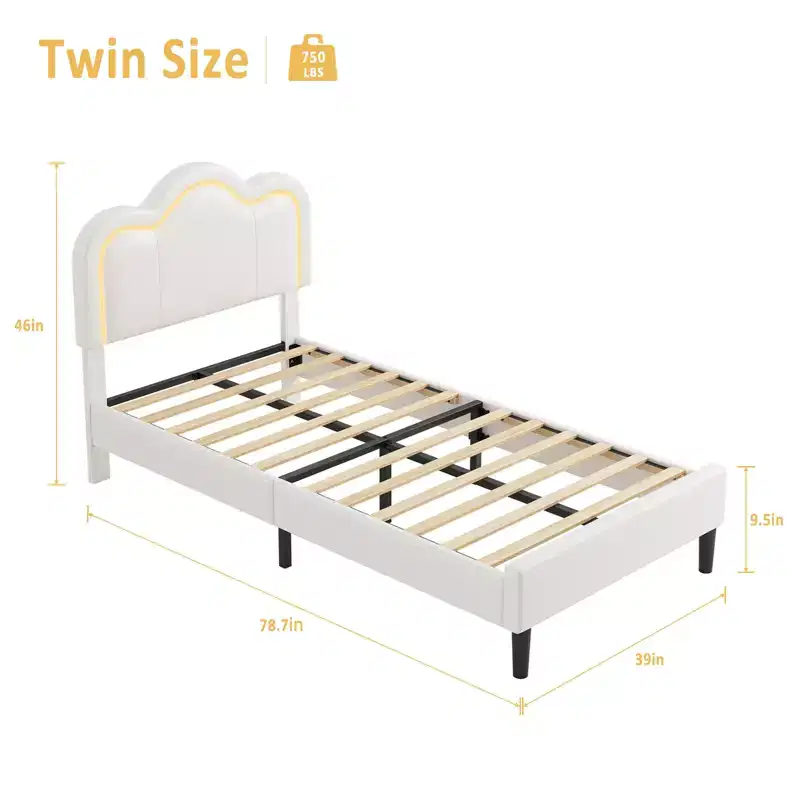 Twin Upholstered Smart LED Bed Frame with Adjustable Headboard and Removable Light Strip, Velvet Princess Platform Bed Frame, Wooden Slats Support