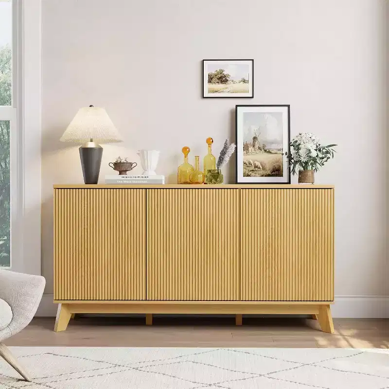 58 Coffee Bar Console,Farmhouse Buffet Cabinet with Curved Doors and Adjustable Shelves Wood Storage Sideboard for Dining Room, Living Room
