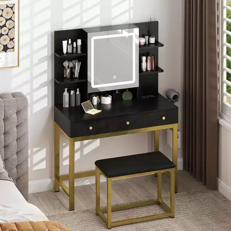 Vanity Desk Makeup Table with LED Lighted Mirror & 3 Drawers Storage Power Hub
