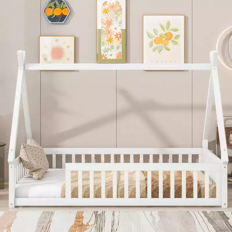 Twin Tent-shaped Floor Bed with Safety Guardrails White