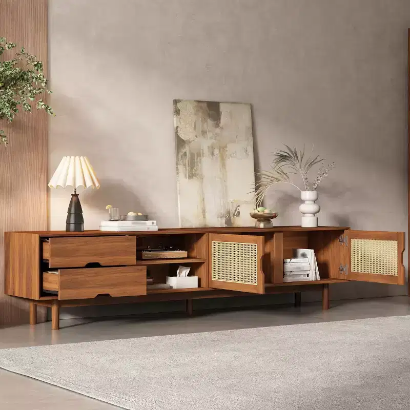 79 TV Stand for TVs up to 85, TV Console Media Console Walnut TV Cabinet Media Entertainment Center with Rattan Soft-close Door&Drawers - ModernLuxe