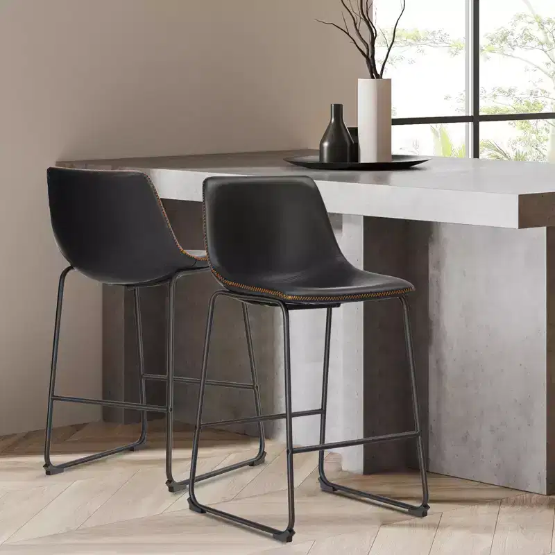 Industrial Upholstered Bar Stools with Metal Legs & Footstools,Armless Faux Leather Counter Chairs for Dining Rooms