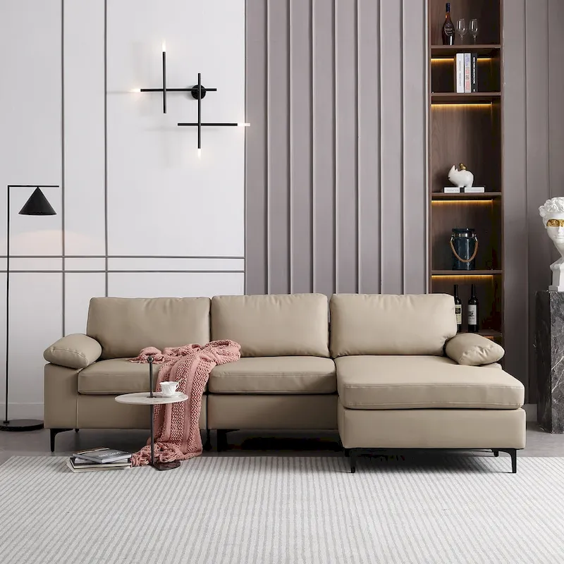 OVIOS Reversible Chaise Sofa With Fluffy Cushions Metal Legs