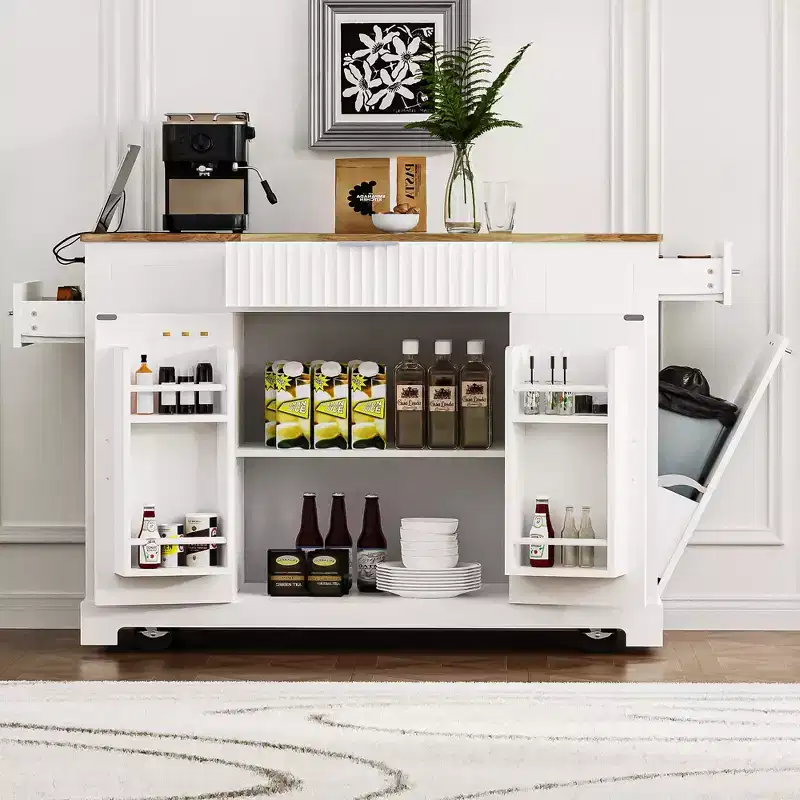 5-Tier Grooved Kitchen Island with Trash Bin Storage Cabinet, Built-in Outlet Shelving, 3 Drawers, 3 Open Side Racks, White