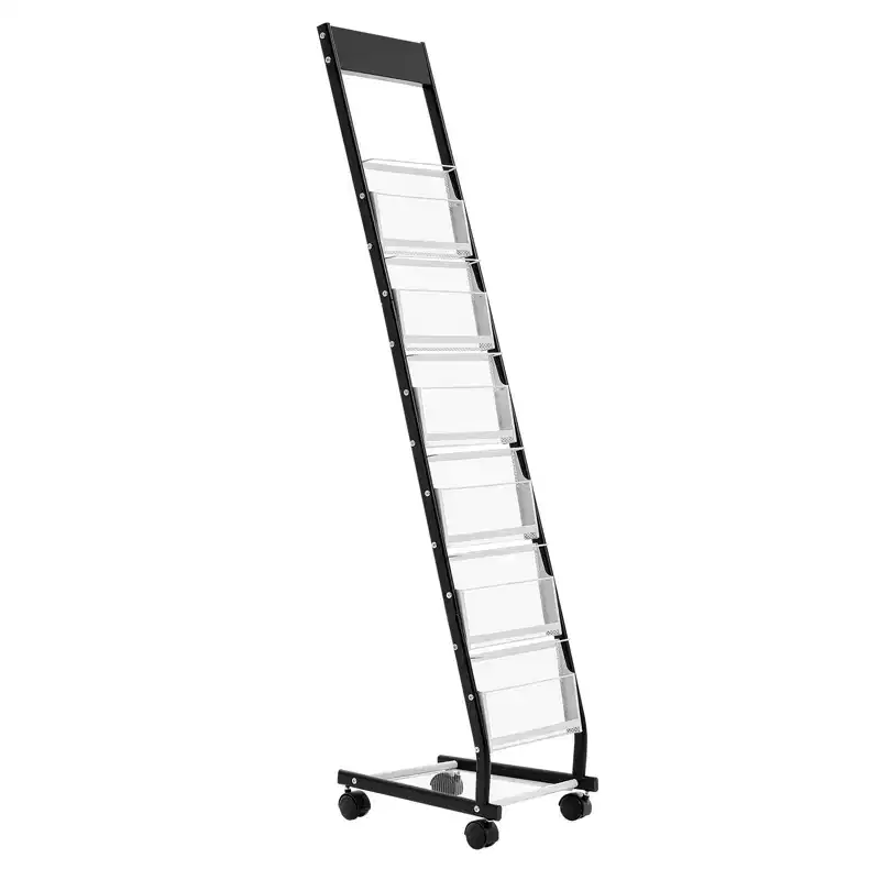 Brochure Display Rack, Narrow 6-Tier Magazine Literature Display Stand with Wheels, Metal Floor Standing Magazine Rack, 6 Pockets, Black