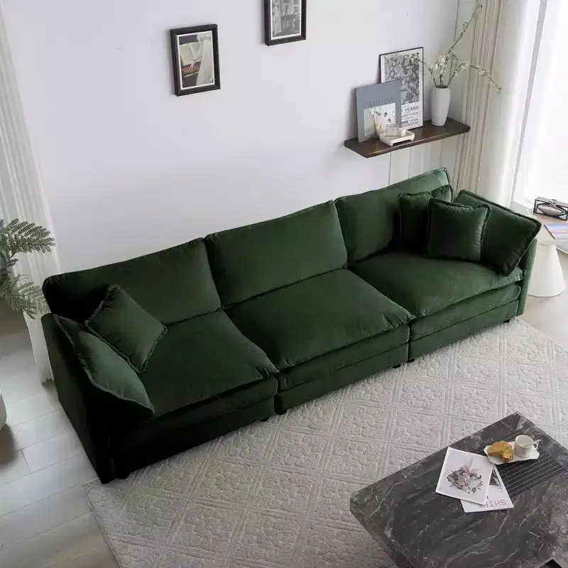 Mid Century Modern Couch 3 Seater Sofa with 2 Armrest Pillow and 3 Toss Pillows for Living Room for Bedroom Green
