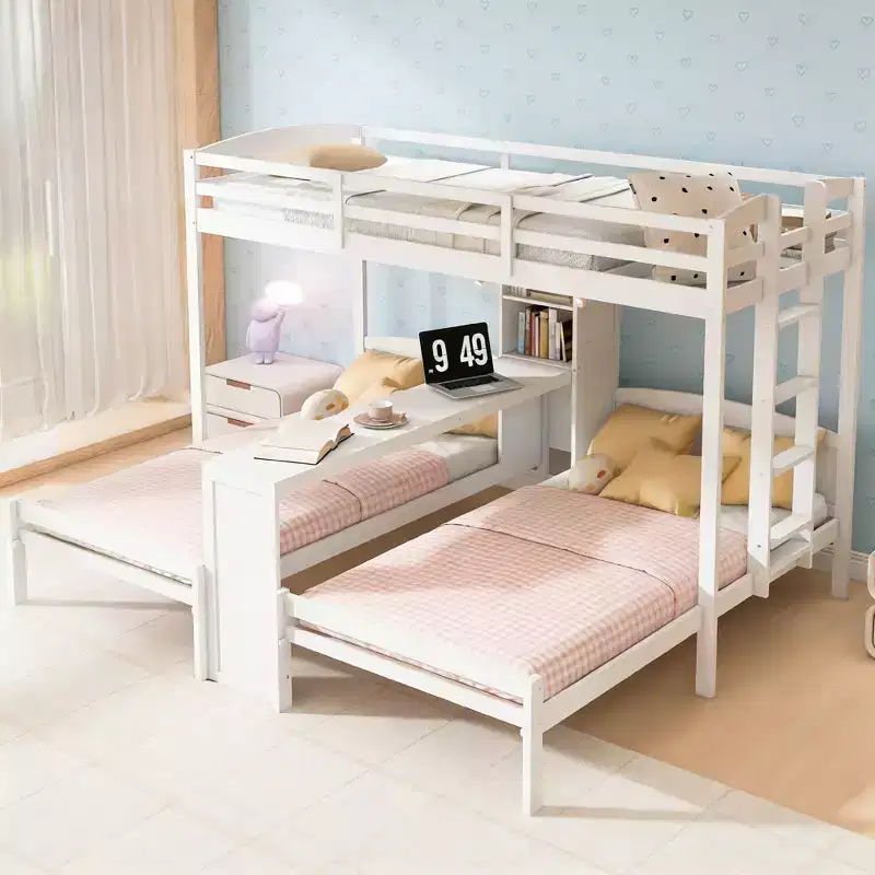 Luxystar Twin over Twin and Twin Bunk Bed with Built-in Desk, Bookcase and Lights