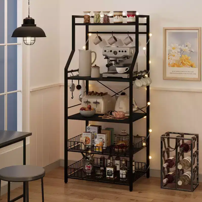5-Tier Kitchen Baker's Rack with Storage Shelves and Hooks, Metal Frame Microwave Stand and Coffee Bar Station