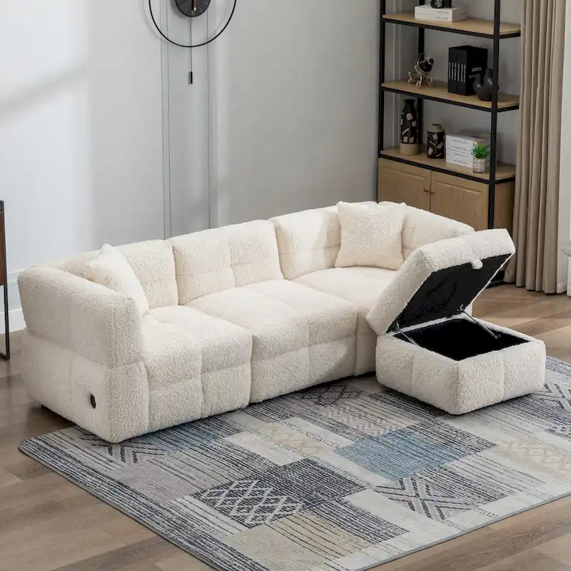 Cozy Teddy Fleece Fabric Sectional Sofa with USB Ports, Movable Storage Ottoman, and Two Lumbar Pillows