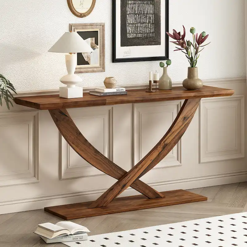 Rustic Console Table with Cross-Leg Design – Black / Brown, 1-Unit