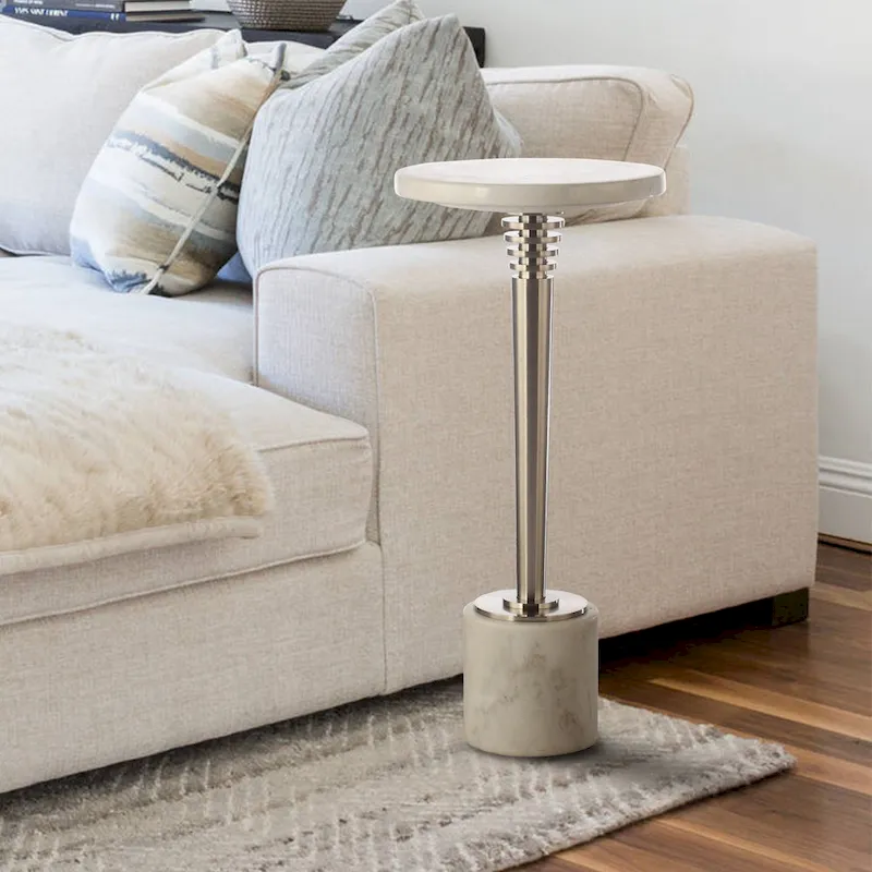 Contemporary Marble Pedestal Drink Table Round Accent Table