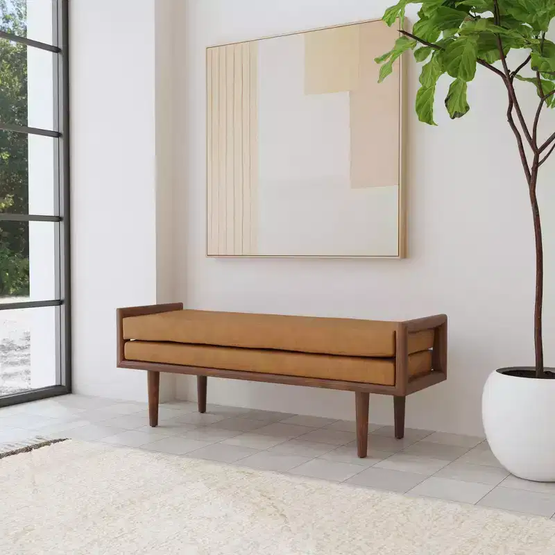 HomePop Wood Bench with Upholstered Seat Faux Leather Caramel: Rectangle Ottoman, Entryway Seating, Polyester & Viscose