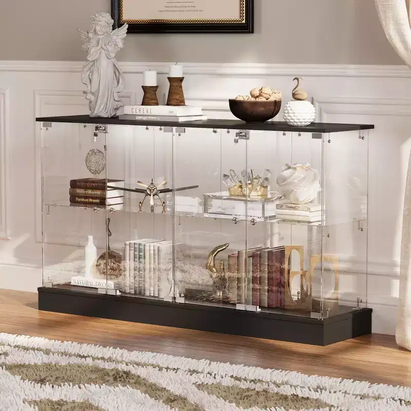 Famapy Glass Glass Display Cabinet with LED Lights and Lockable Doors - Curio China Bookcase with Light