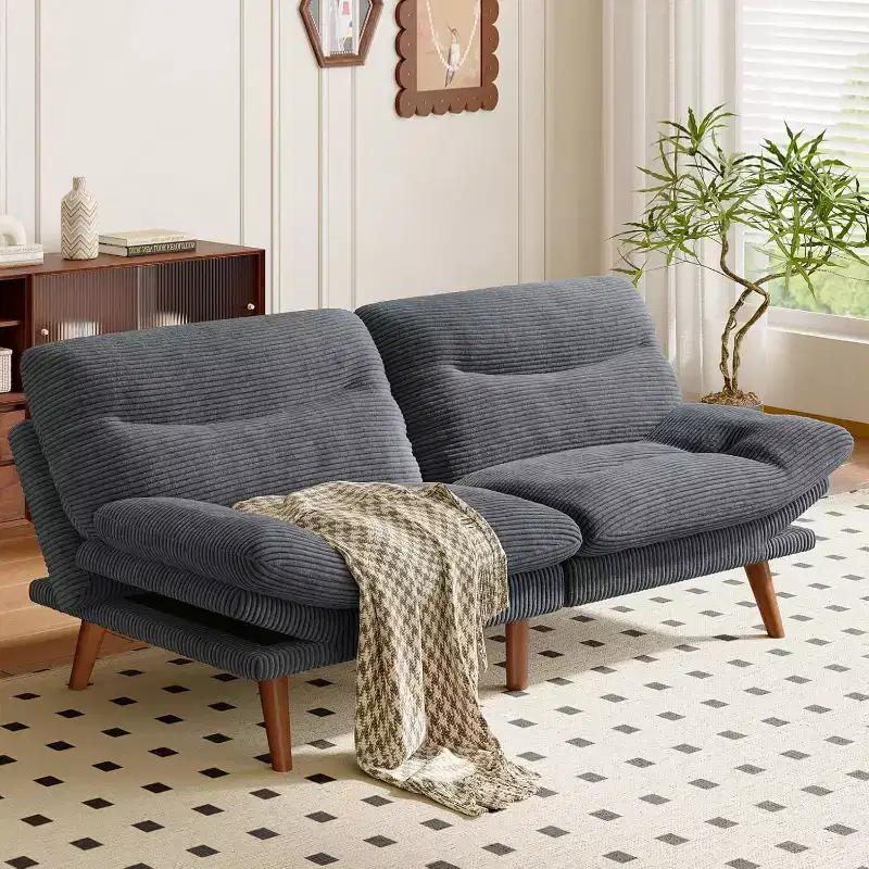 75 In Futon Sofa Bed, 3-in-1 Futon Couch w/Adjustable Backrest Armrests, Corduroy Convertible Sleeper Sofa Bed