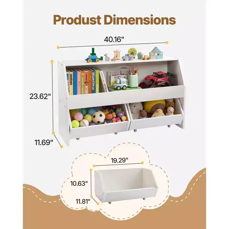 White Wooden Kids Storage Organizer – 2 Mobile Drawers & Bookshelf