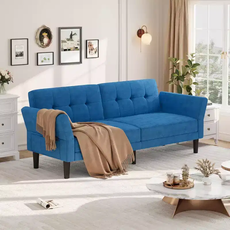 Acekool 89 Futon Sofa Bed, Modern Convertible Sleeper Couch with Adjustable Backrest and Armrests, 3 Seater Sofa