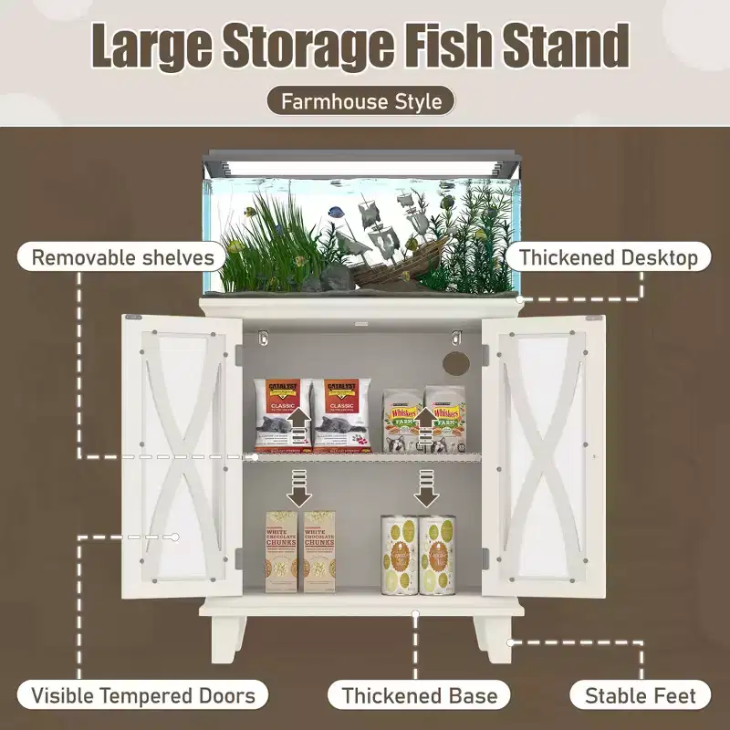 Farmhouse Wood Aquarium Stand with Power Outlets and Adjustable Shelves