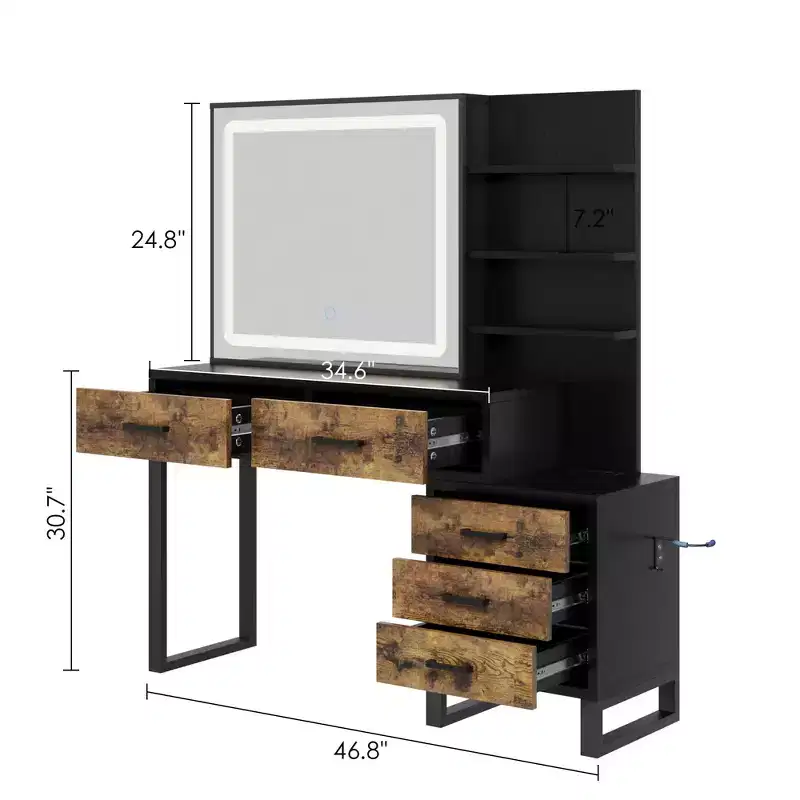 Makeup Vanity Desk with Sliding Mirror and Lights, Large Dressing Table with Charging Station,3 Lighting Modes, 5 Drawers and 3 Tiers of Open Shelves