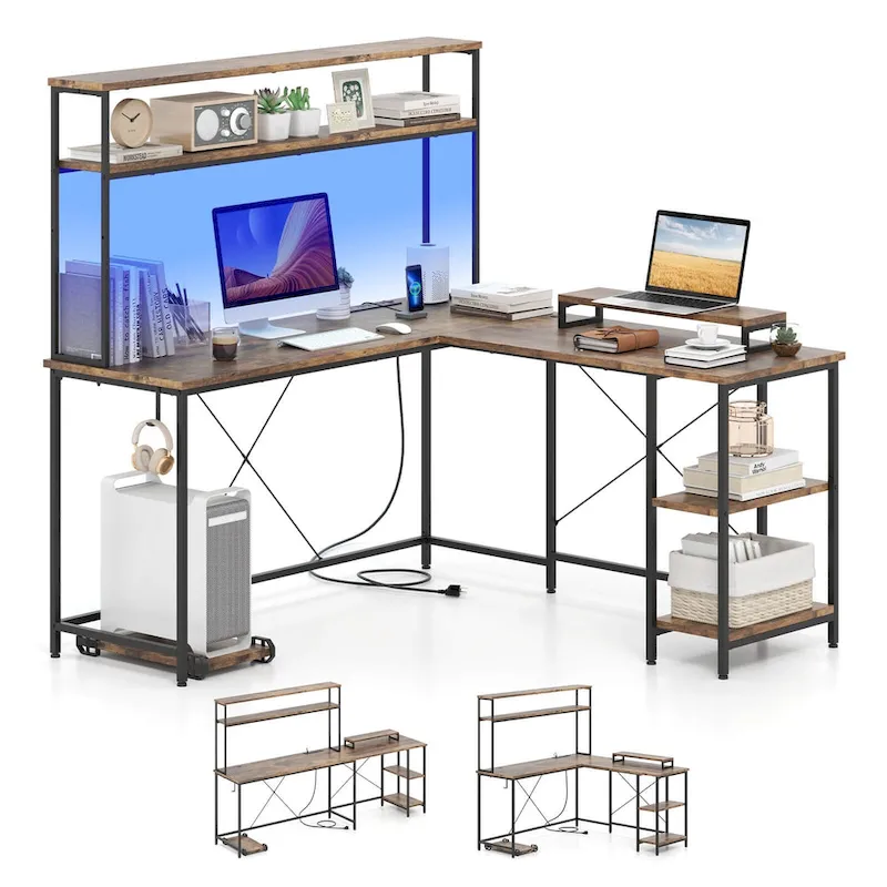L-Shaped Gaming Desk with LED Strip & Power Outlets