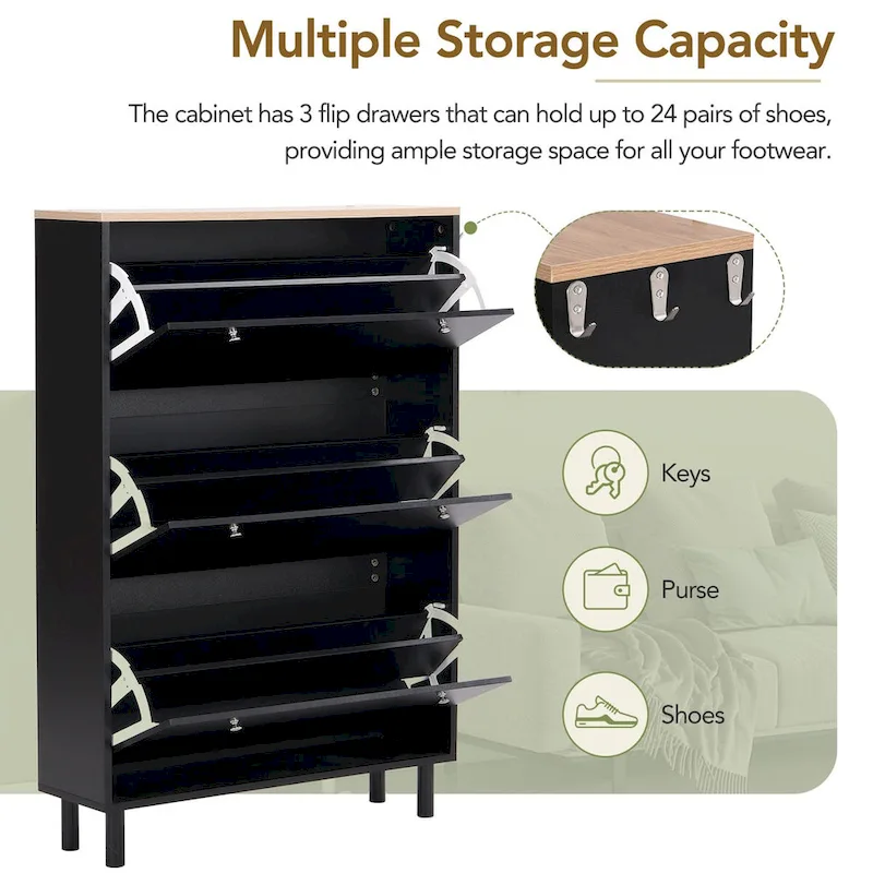 Shoe Cabinet with 3 Flip Drawers,Wood Grain Pattern with 3 Hooks,Free Standing Shoe Rack with Adjustable Panel