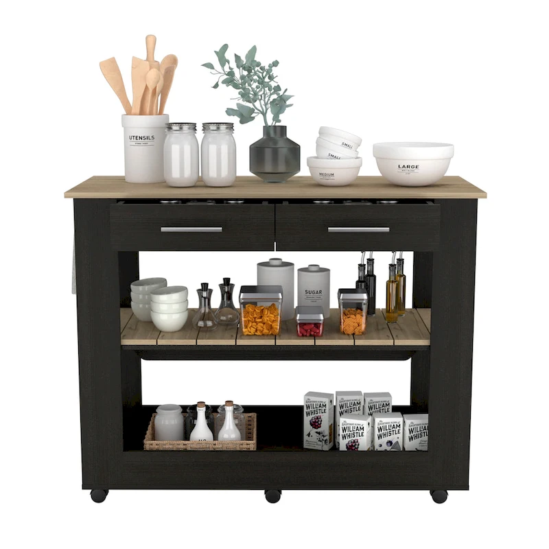 FM Furniture Brooklyn 46 Kitchen Island, Two Shelves, Two Drawers