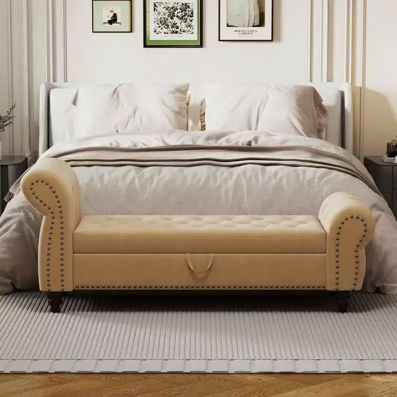 64.5 Bed Bench for Bed Room Nails Tufted Chaise of Lounge with Storage Velvet Upholstery Khaki