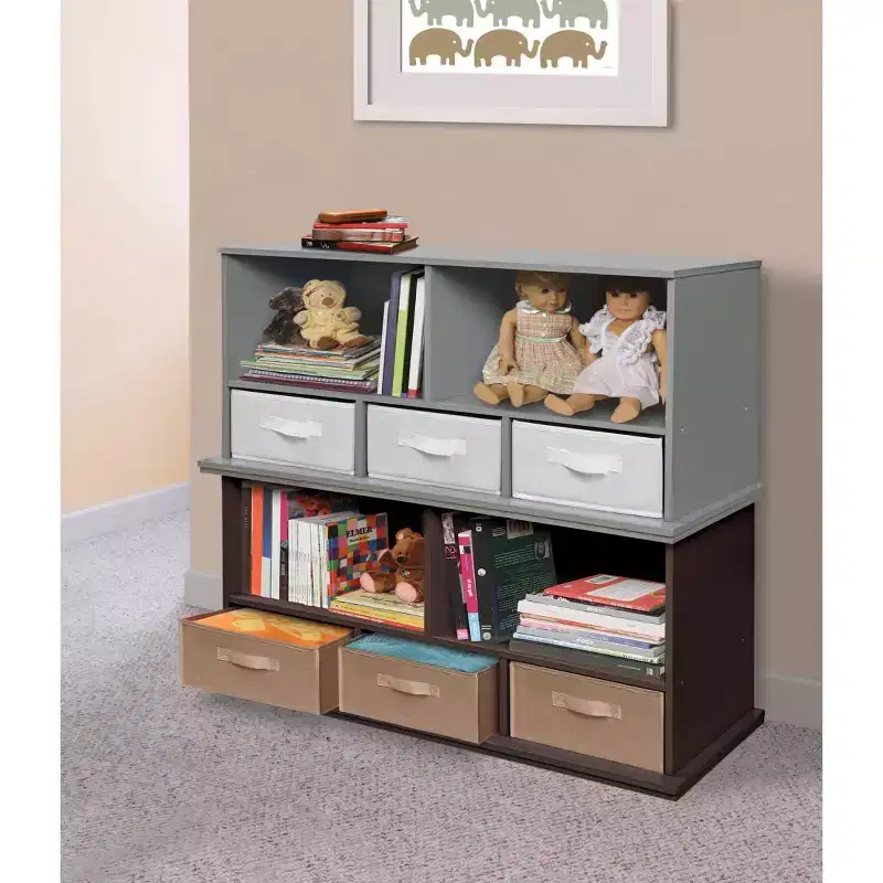 Stackable Shelf Storage Cubby with 3 Baskets, Espresso, Modular Home Organizer