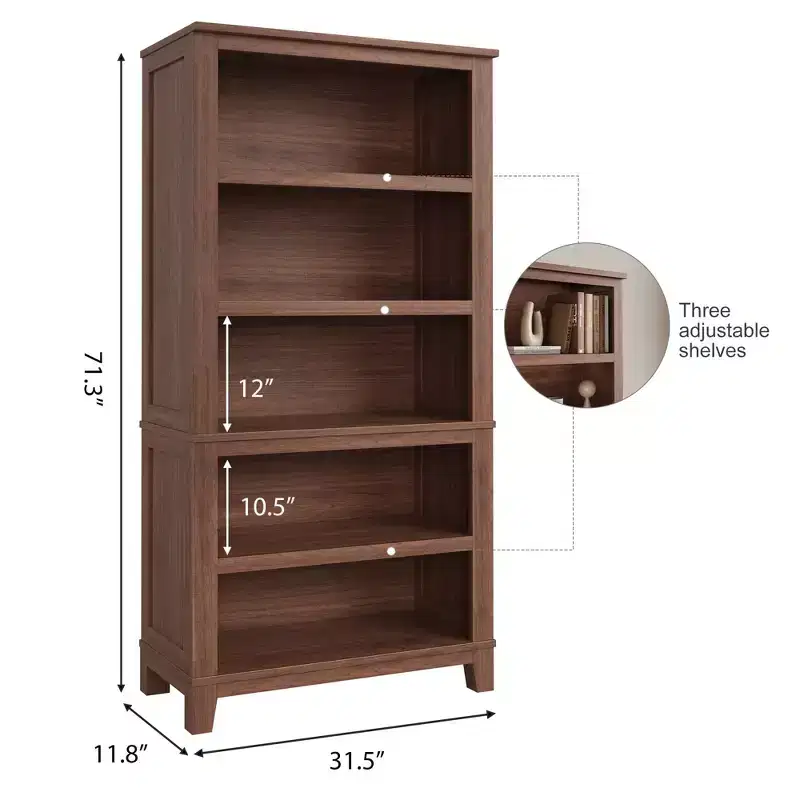 Modern 71 Inch 5-Tier Wooden Bookcase  Adjustable Bookshelves, Sturdy Floor Standing Display Shelf for Small Spaces, Apartment, Office, Bedroom