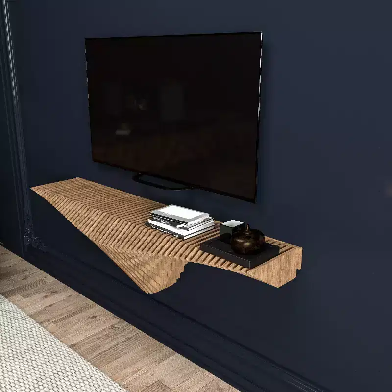 HomeStock Parametric 50 inch Floating Shelf TV Unit Modern Geometric Wooden Wall Piece Decor Natural Oak Color 3D Wavy Living and Gaming Room Shelf