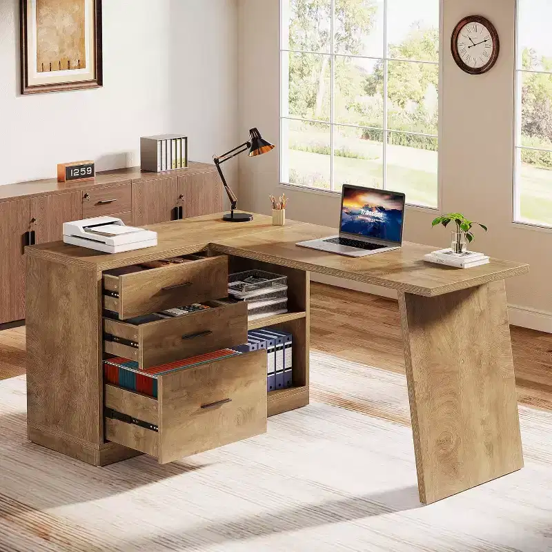 Lantine 55-Inch L-Shaped Computer Desk with 3 Drawers, Corner Home Office Desk with Storage Shelves for Work Writing, Gaming, Farmhouse Brown