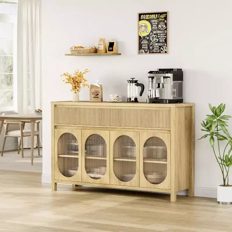 55 Inch Buffet Sideboard Cabinet with Glass Doors and Fluted Drawers, Storage Cabinet Table for Dining Room, Kitchen, Living Room, Natural