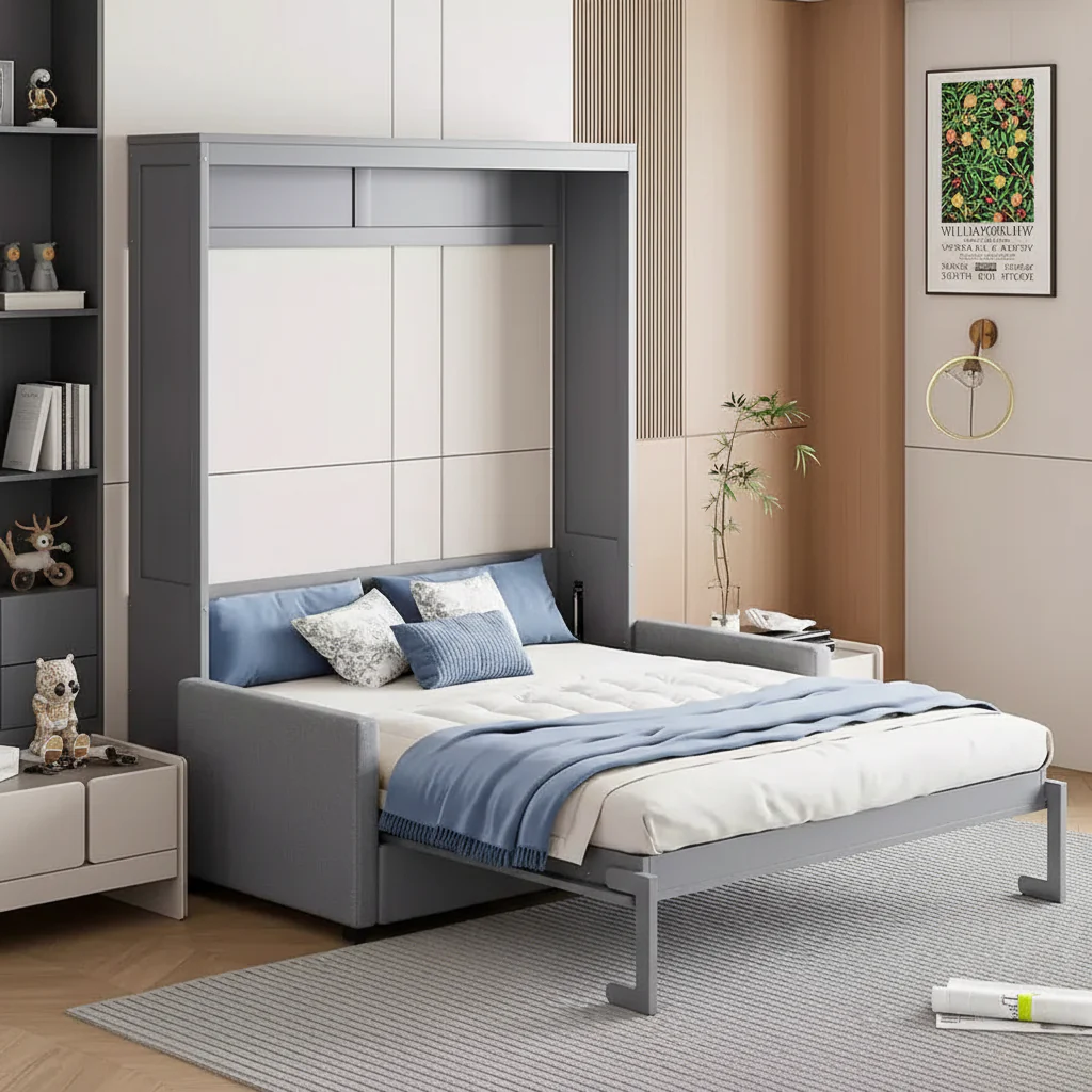 Full Size Murphy Bed with Sofa & Cushion, Folds Flat, MDF, 600 lbs Capacity