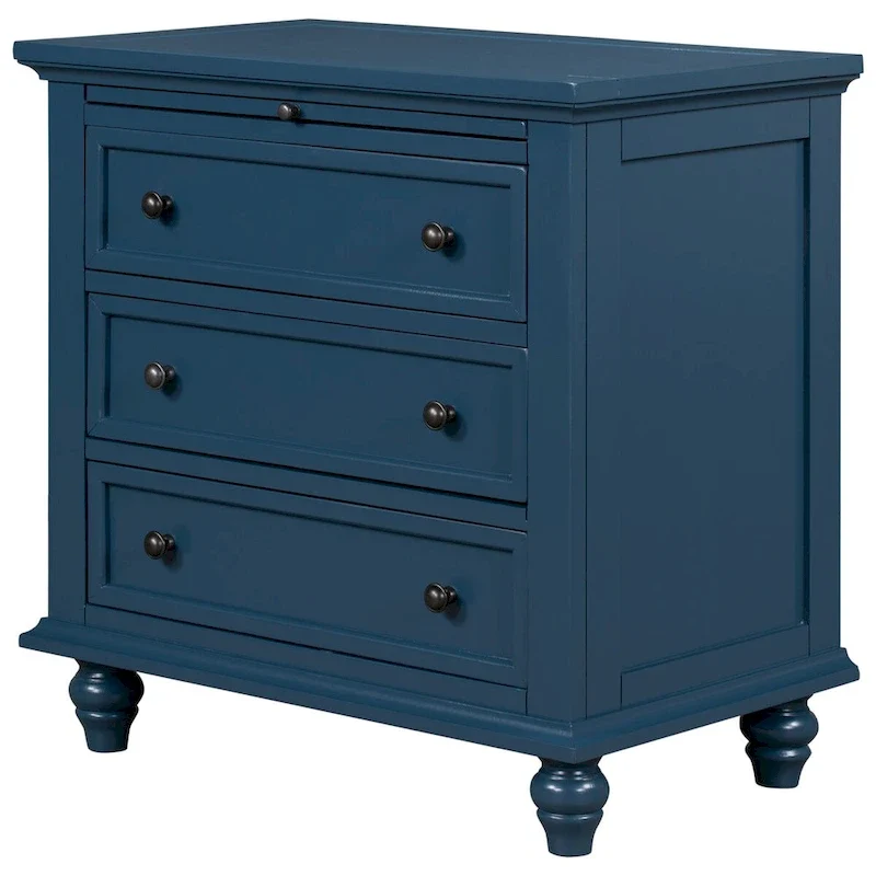 Solid Pine Wood End Table with Pull-out Tray and 3 Drawer, Easy Assembly