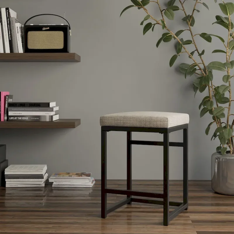 Backless Industrial Metal Counter Stool, 24in Seat Height, Textured Weave Fabric, Black Finish