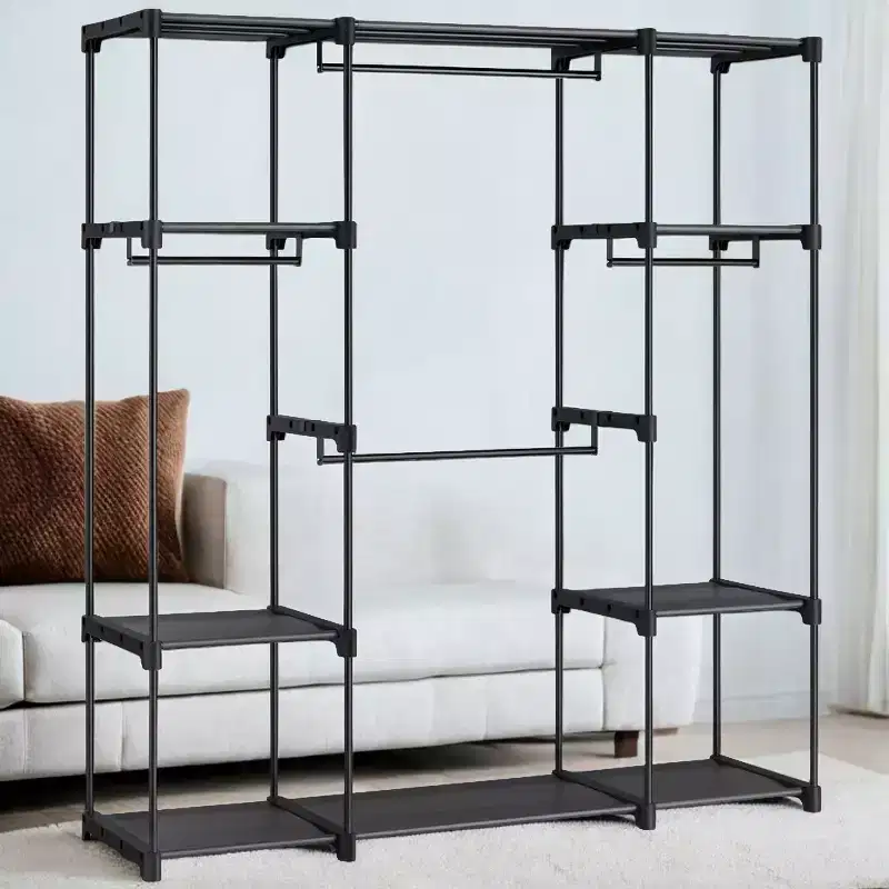 Freestanding Portable Closet Organizer System, Clothes Rack with Shelves and Hanging Rods for Bedroom and Cloakroom Black