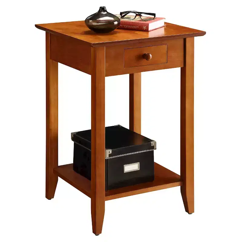 Square End Table with Drawer and Shelf, Black Hardwood Accent Table