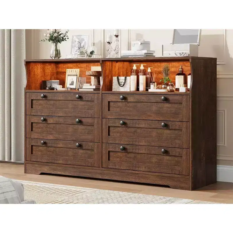 Acekool 55 6 Drawer Dresser with Power Outlet & LED Lights, Large Modern Chest, Wide Dresser TV Stand for Bedroom Living Room Hallway