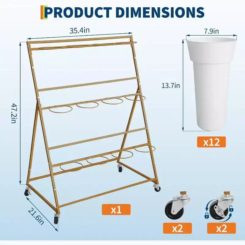 3-Tier Metal Flower Display Stand with 12 Buckets,Mobile Plant Rack with Wheels,Indoor & Outdoor Garden, Patio, Wedding, Flower Shop Use