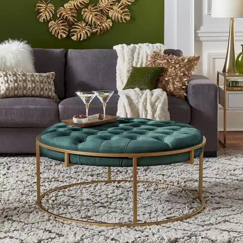 Perdita Gold Finish Velvet Round Tufted Ottoman