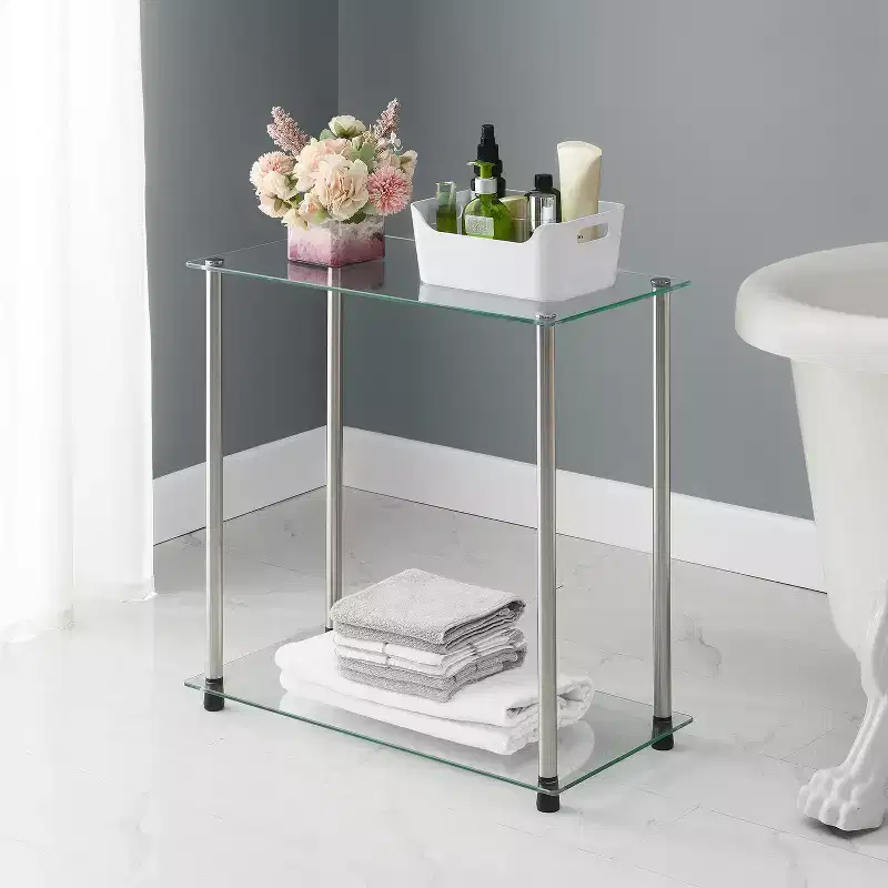 2-Tier Glass Chairside End Table with Stainless Steel Legs