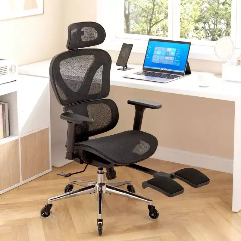 Ergonomic Mesh Office Chair with Wheels, Lumbar Support, 3D Armrests, Hidden Footrest & Lockable Tilt for Home Office