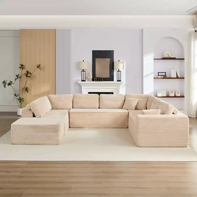 Mjkone Corduroy 141'' Deep Seat Modular Sectional Sofa, Modern 8-Seater U-Shape Sofa Couch with Moveable Ottoman